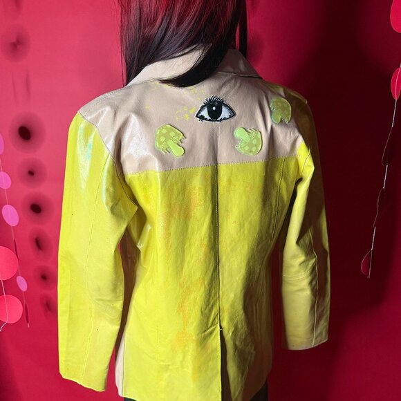 Hand-Painted Upcycled Leather Blazer | Neon Yellow + Cream | Unique Artsy Street - Picture 1 of 12